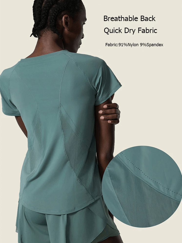 Back view of a woman wearing breathable nylon gym wear with quick-dry fabric. Ideal for yoga and running with anti-wrinkle material.